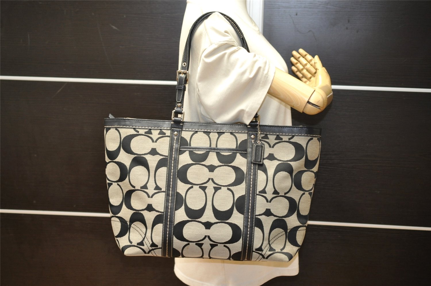 Authentic COACH Vintage Signature Shoulder Tote Bag Canvas Leather Black 4387K
