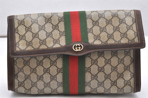 Authentic GUCCI Web Sherry Line Clutch Hand Bag Purse GG PVC Leather Brown 4391K