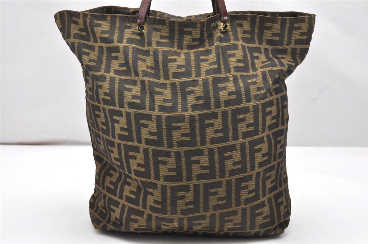 Authentic FENDI Vintage Zucca Shoulder Tote Bag Nylon Leather Brown Junk 4394K