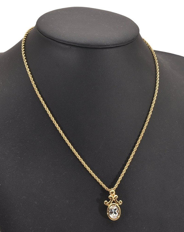 Authentic Christian Dior Gold Tone Chain Rhinestone Pendant Necklace CD 4395J