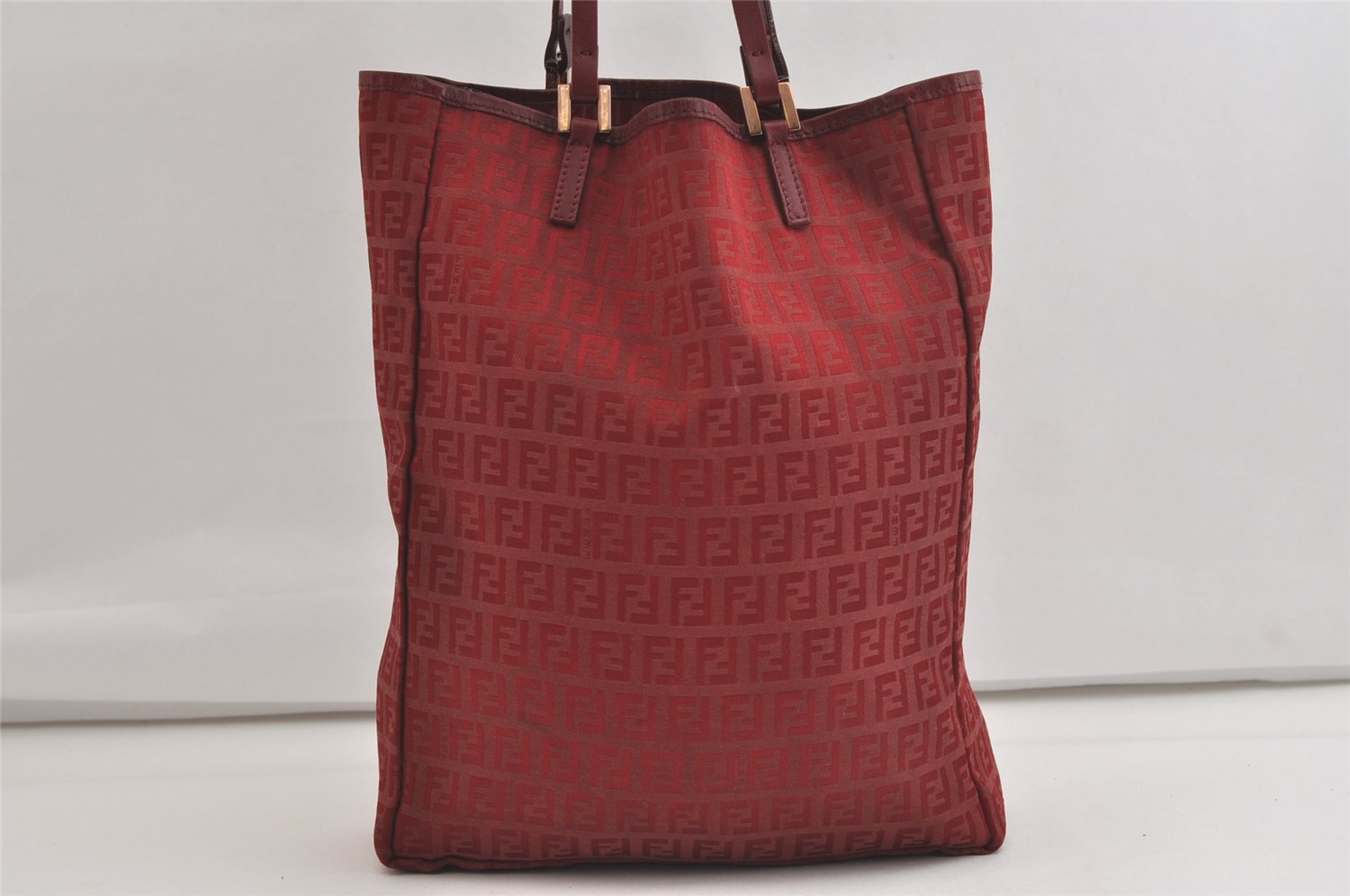 Authentic FENDI Zucchino Vintage Hand Tote Bag Purse Canvas Leather Red 4397K