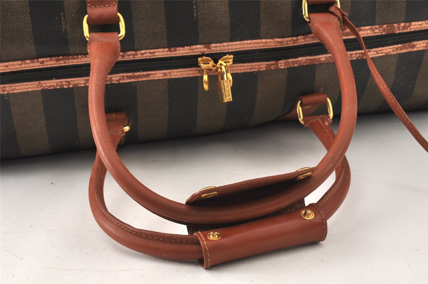 Authentic FENDI Pequin Pattern PVC Leather Travel Boston Bag Brown Junk 4400K