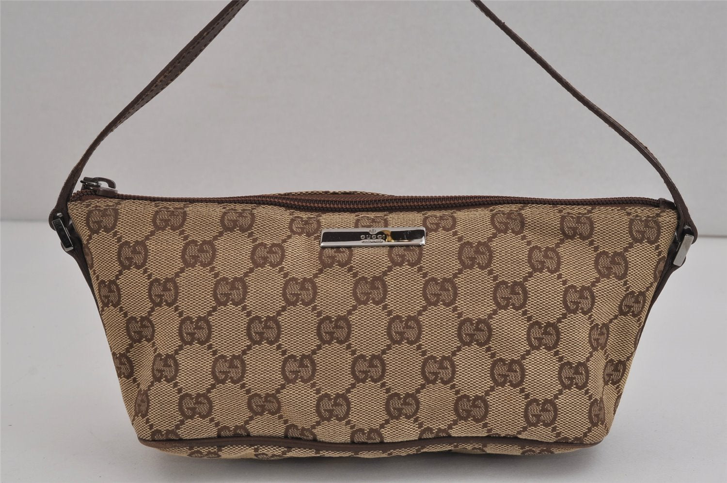 Authentic GUCCI Vintage Hand Bag Pouch Purse GG Canvas Leather 07198 Brown 4401J