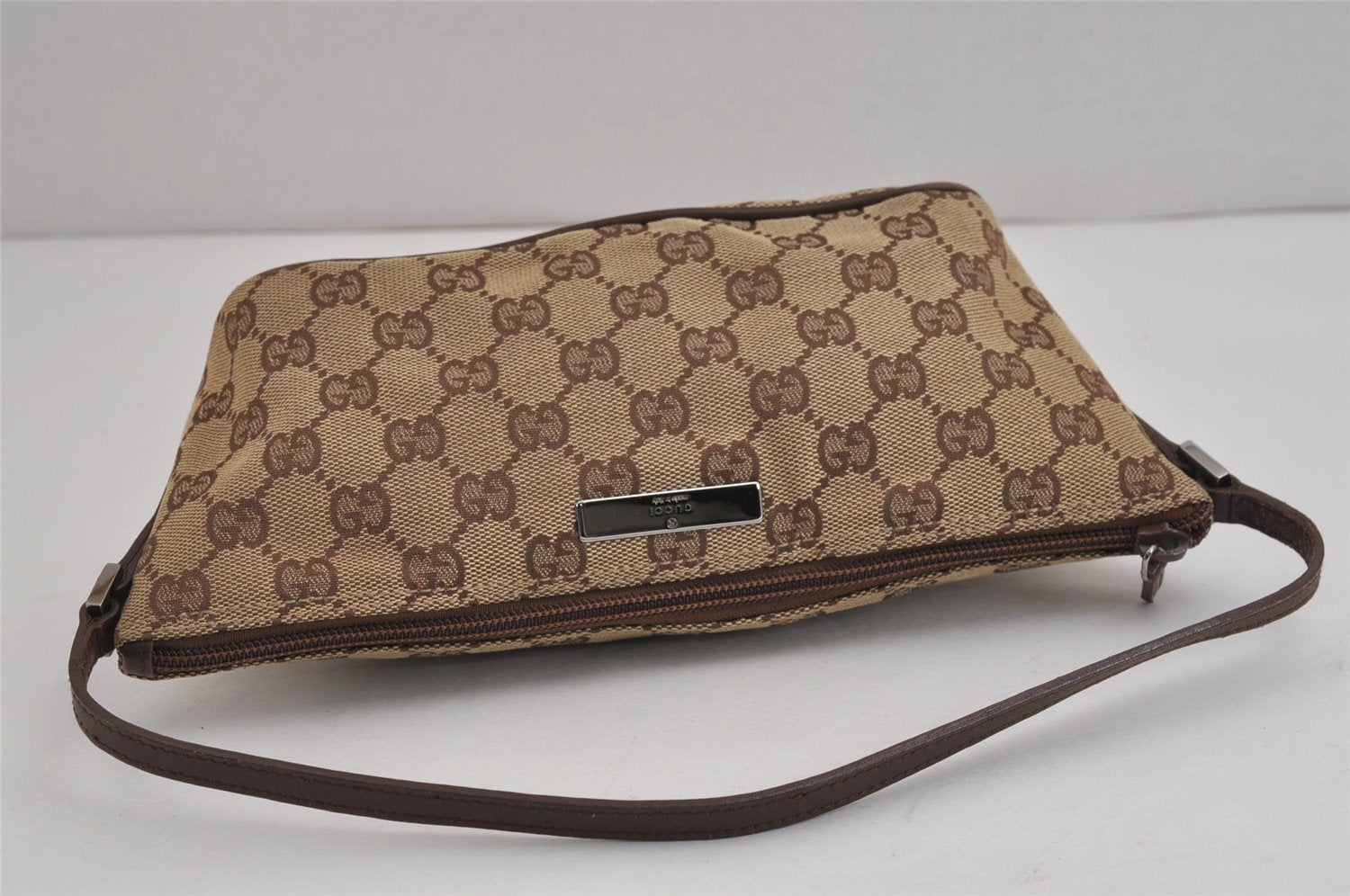 Authentic GUCCI Vintage Hand Bag Pouch Purse GG Canvas Leather 07198 Brown 4401J