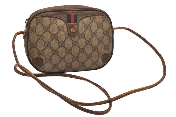 Authentic GUCCI Web Sherry Line Shoulder Cross Bag GG PVC Leather Brown 4402J