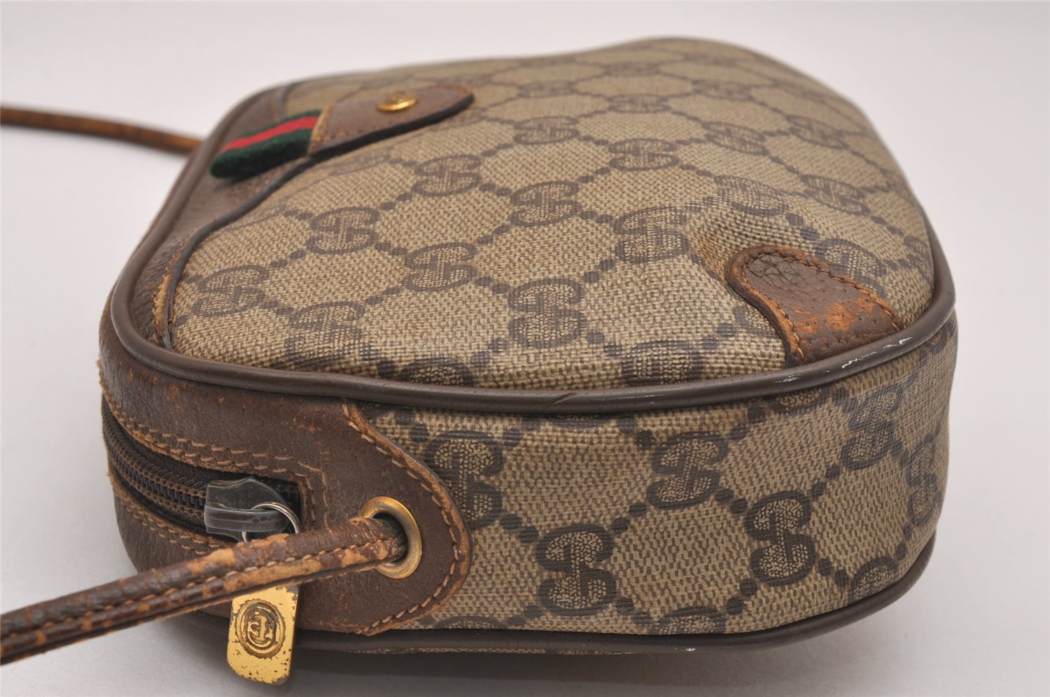 Authentic GUCCI Web Sherry Line Shoulder Cross Bag GG PVC Leather Brown 4402J