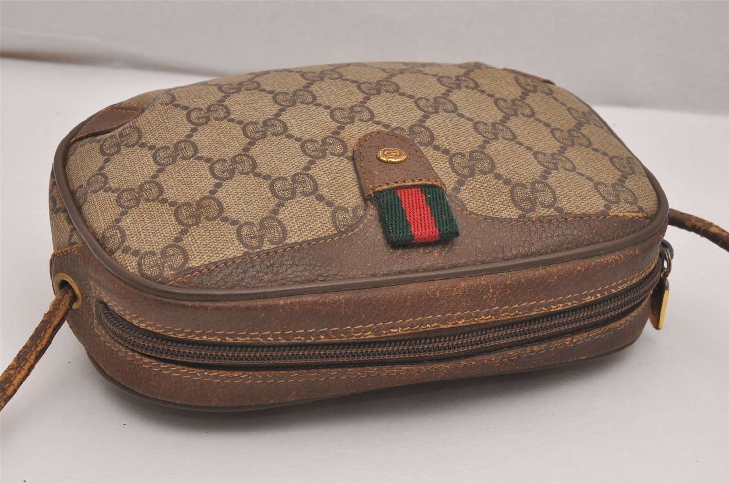 Authentic GUCCI Web Sherry Line Shoulder Cross Bag GG PVC Leather Brown 4402J