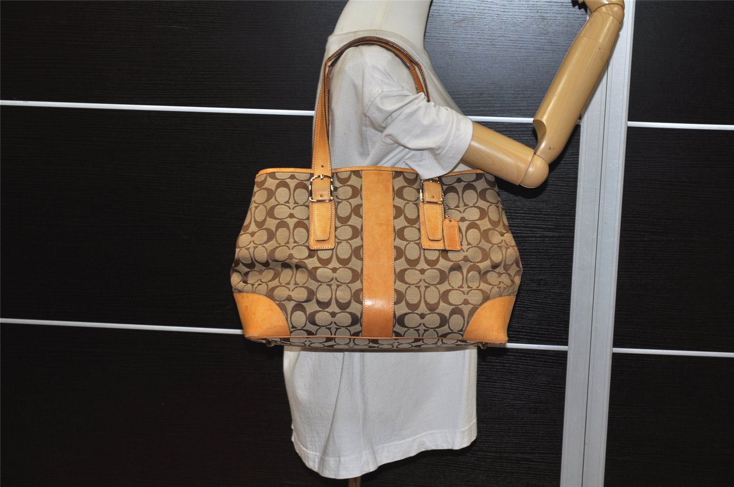 Authentic COACH Signature Shoulder Tote Bag Canvas Leather 6337 Brown 4402K