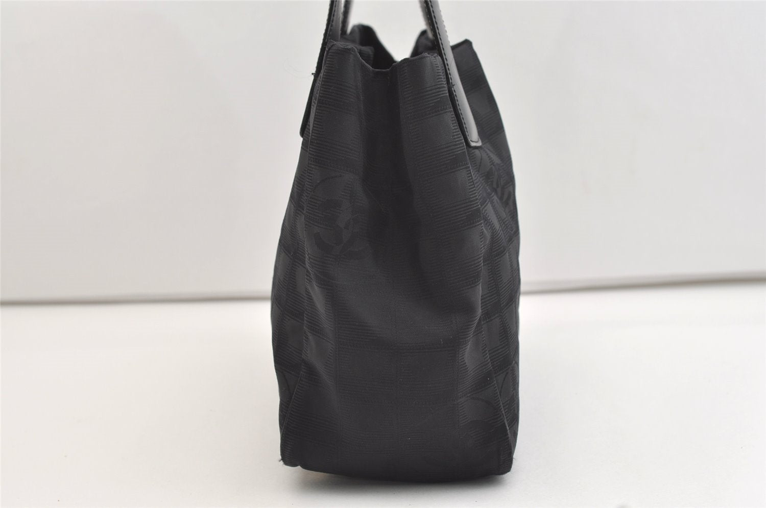 Authentic CHANEL New Travel Line Shoulder Tote Bag Nylon Leather Black 4403J