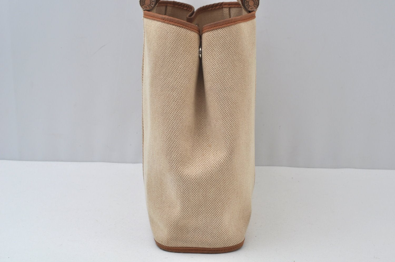 Authentic HERMES Cabag PM 2Way Shoulder Hand Tote Bag Canvas Leather Beige 4407J