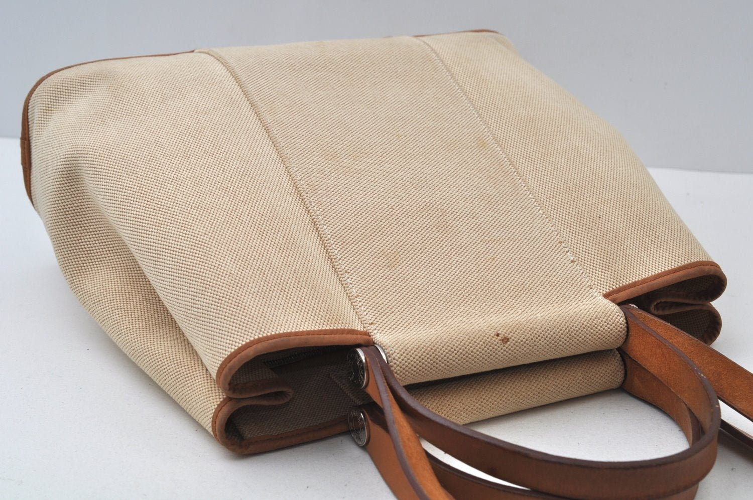 Authentic HERMES Cabag PM 2Way Shoulder Hand Tote Bag Canvas Leather Beige 4407J