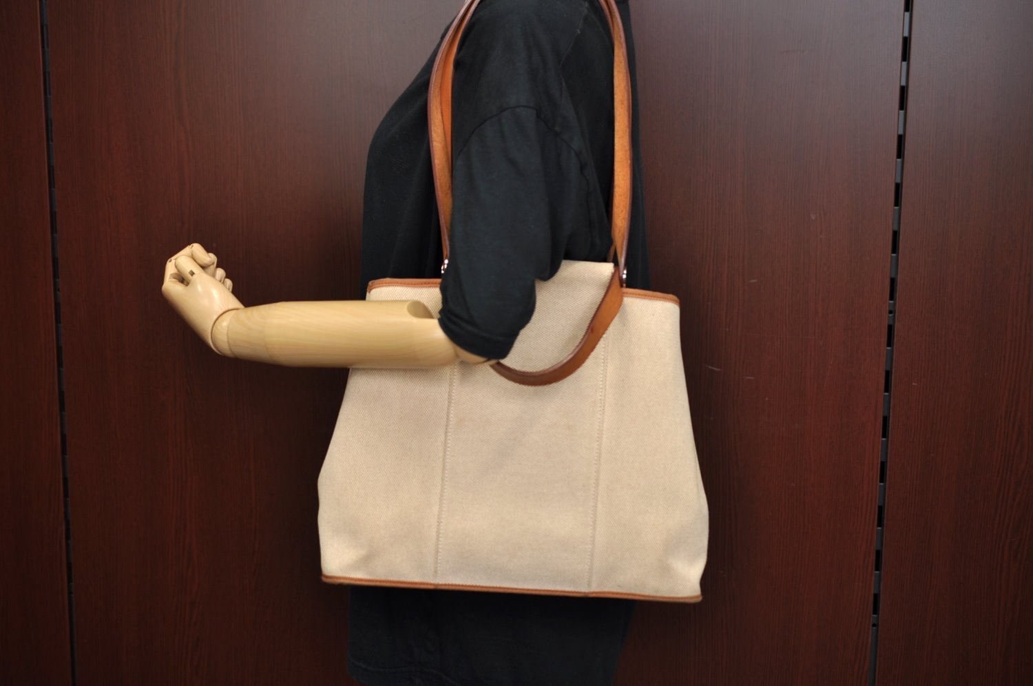 Authentic HERMES Cabag PM 2Way Shoulder Hand Tote Bag Canvas Leather Beige 4407J