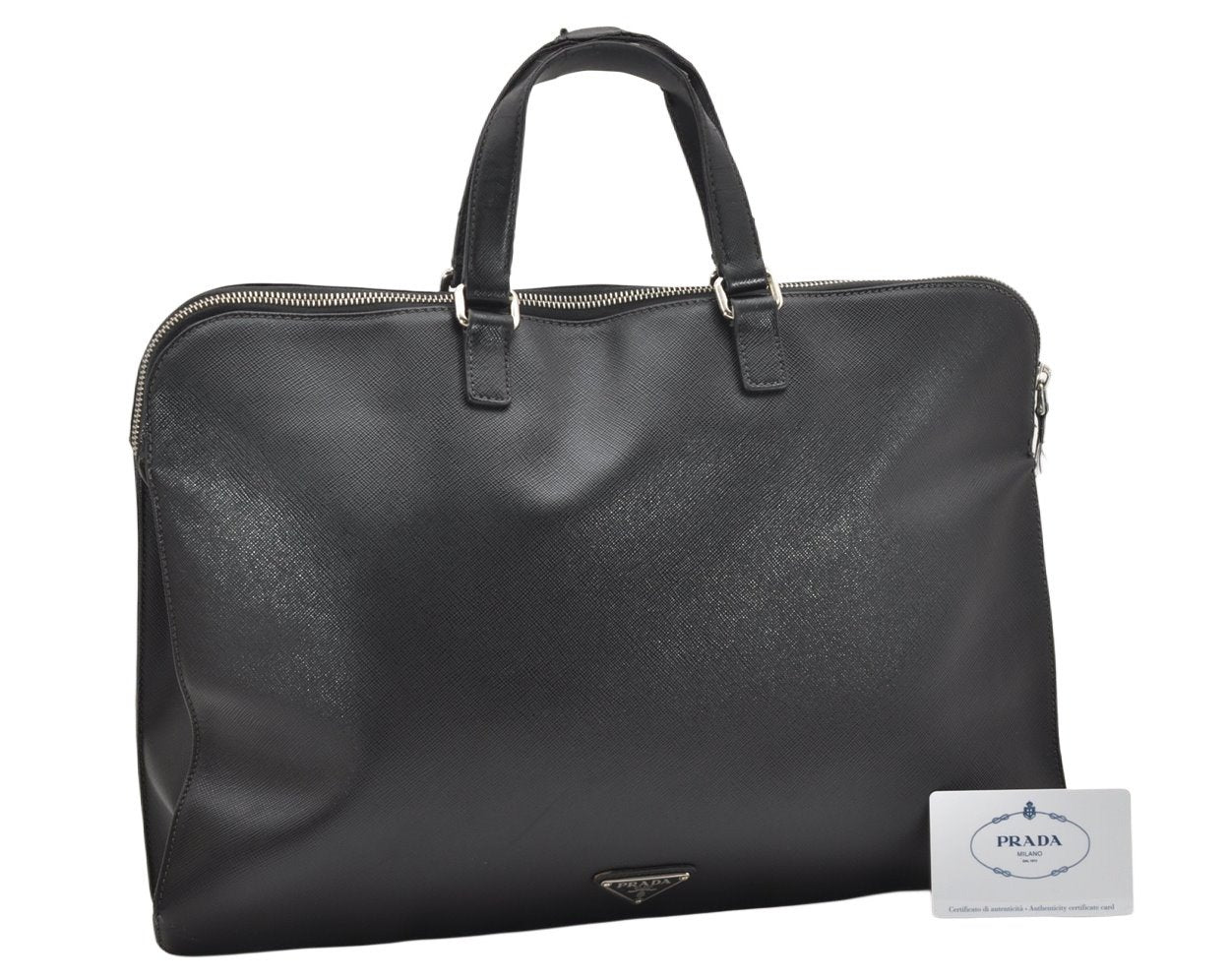 Authentic PRADA SaffianoTravel Leather Briefcase Business Bag VR0023 Black 4410K