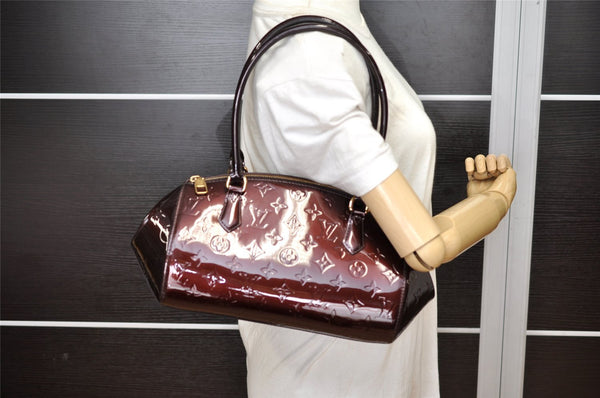 Authentic Louis Vuitton Vernis Sherwood PM Hand Bag Wine Red M91493 LV 4432K