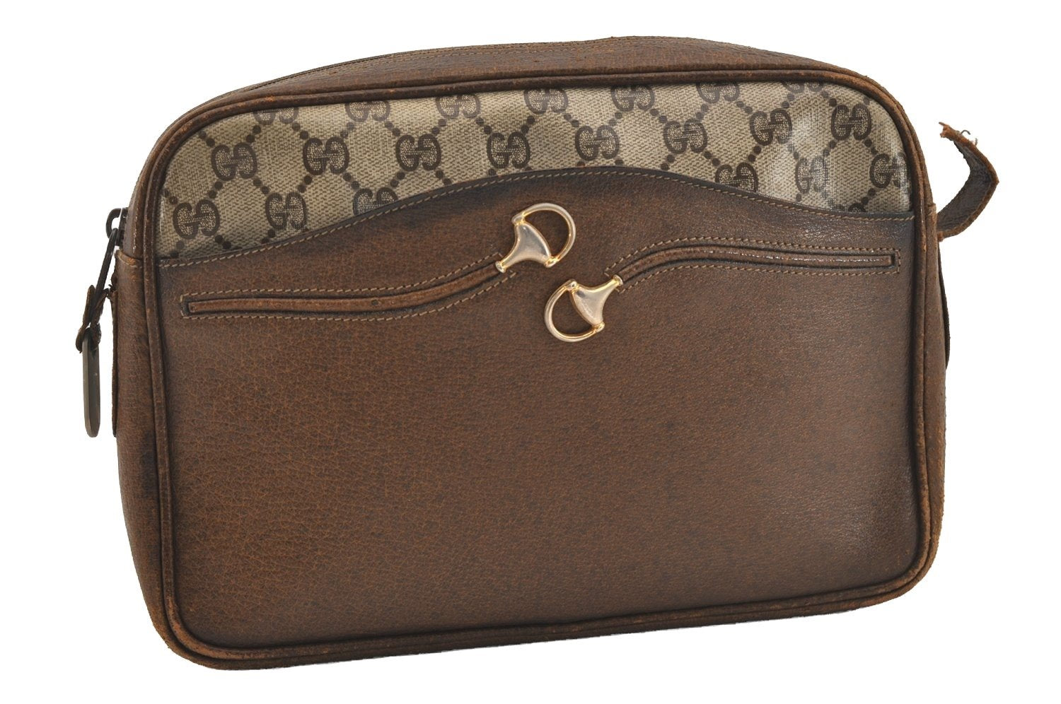 Authentic GUCCI Vintage Shoulder Bag Purse GG PVC Leather Brown Junk 4437J