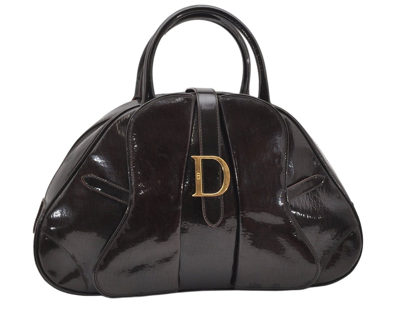 Authentic Christian Dior Double Saddle Trotter Boston Bag Enamel Brown 4438K