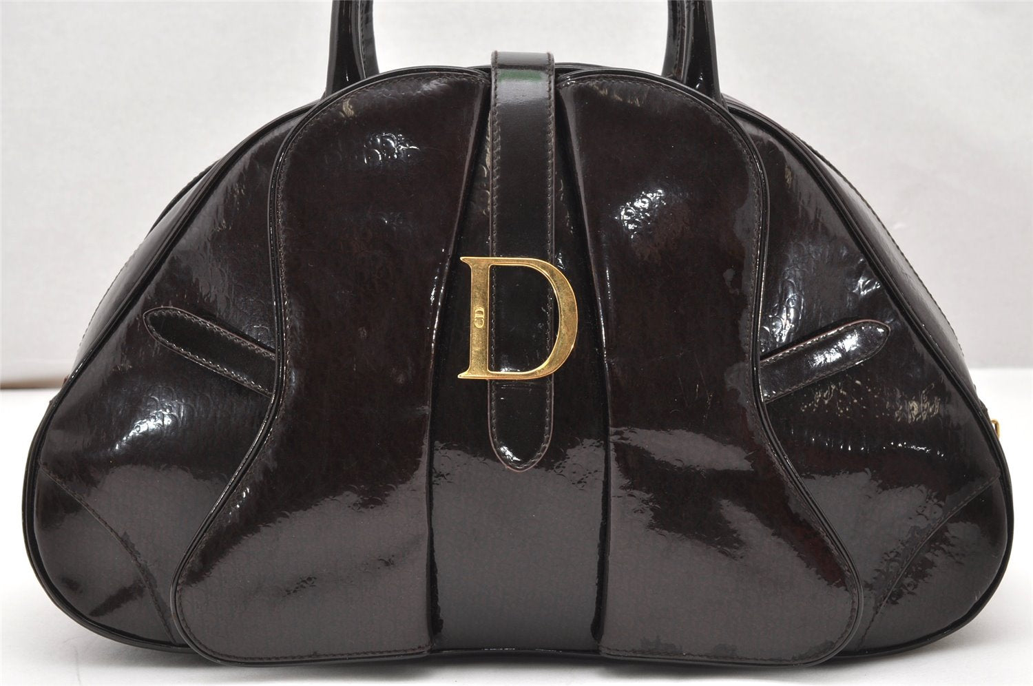 Authentic Christian Dior Double Saddle Trotter Boston Bag Enamel Brown 4438K