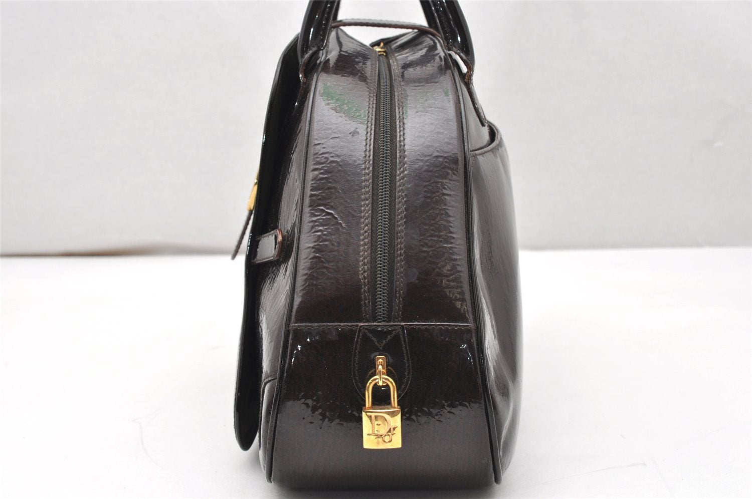 Authentic Christian Dior Double Saddle Trotter Boston Bag Enamel Brown 4438K