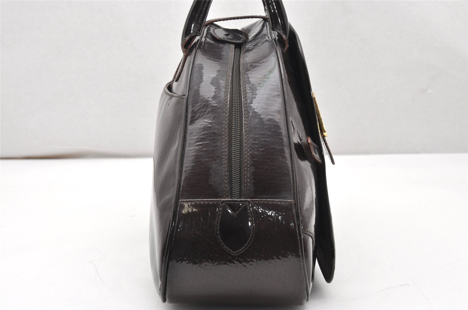 Authentic Christian Dior Double Saddle Trotter Boston Bag Enamel Brown 4438K