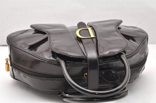 Authentic Christian Dior Double Saddle Trotter Boston Bag Enamel Brown 4438K