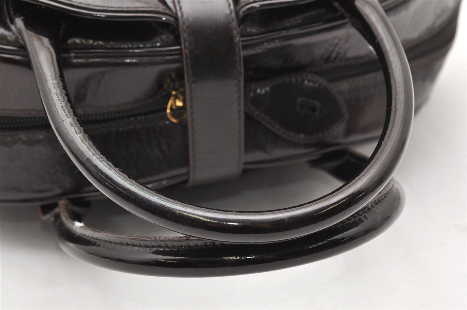 Authentic Christian Dior Double Saddle Trotter Boston Bag Enamel Brown 4438K