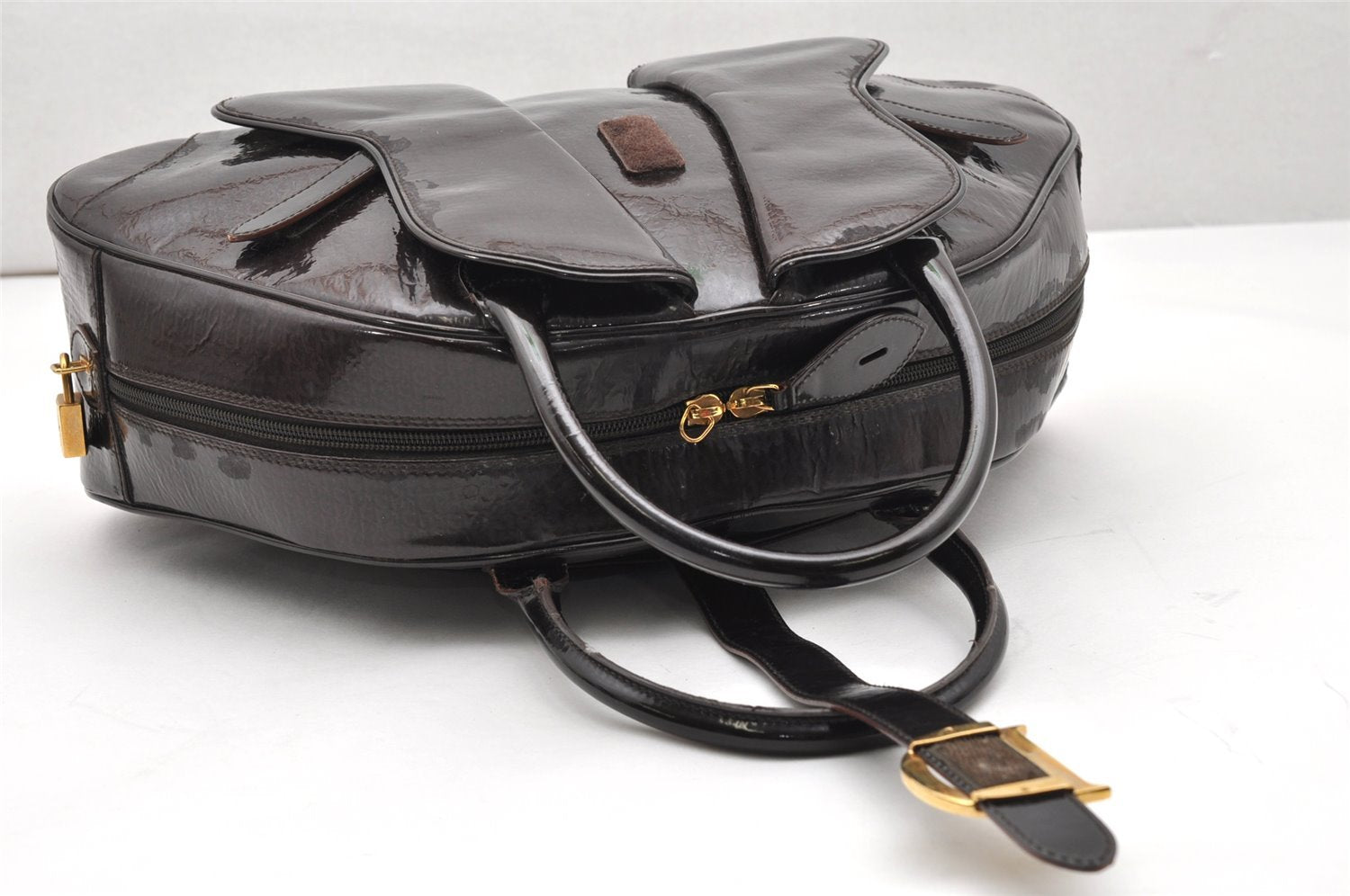 Authentic Christian Dior Double Saddle Trotter Boston Bag Enamel Brown 4438K