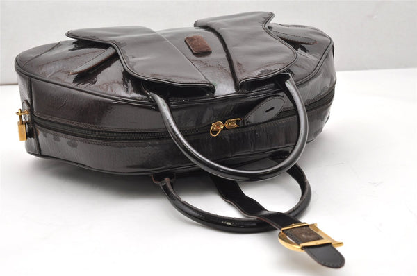 Authentic Christian Dior Double Saddle Trotter Boston Bag Enamel Brown 4438K