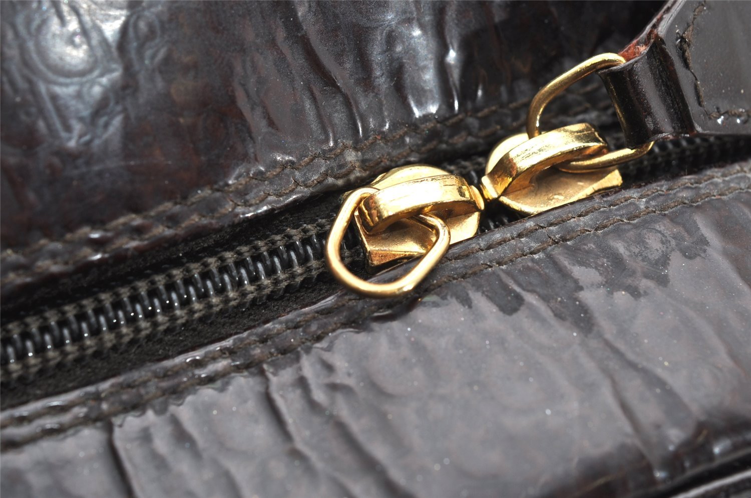Authentic Christian Dior Double Saddle Trotter Boston Bag Enamel Brown 4438K