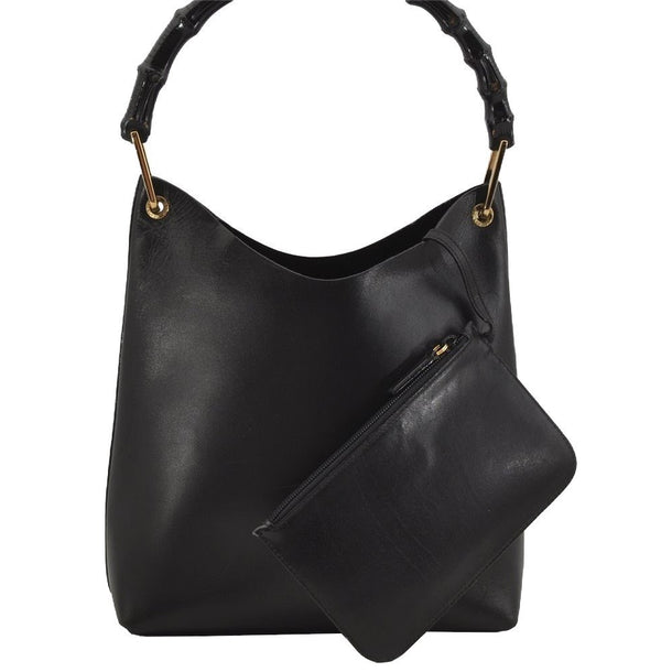 Authentic GUCCI Vintage Bamboo Shoulder Hand Bag Purse Leather Black 4440J