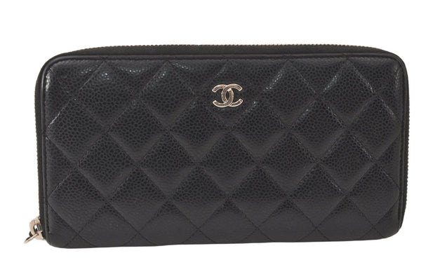 Authentic CHANEL Caviar Skin Matelasse Long Wallet Purse CC Logo Black 4446K