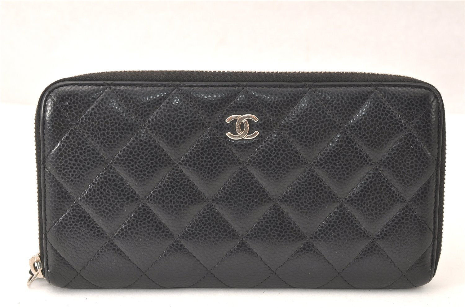 Authentic CHANEL Caviar Skin Matelasse Long Wallet Purse CC Logo Black 4446K