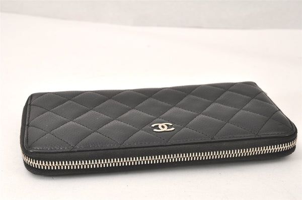 Authentic CHANEL Caviar Skin Matelasse Long Wallet Purse CC Logo Black 4446K