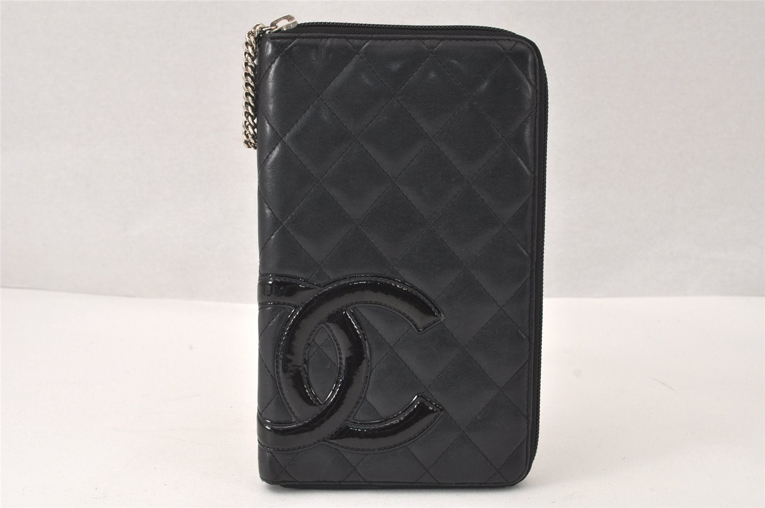 Authentic CHANEL Calf Skin Cambon Line CC Logo Zip Long Wallet Black 4448K