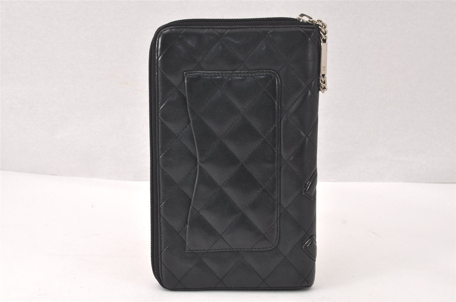 Authentic CHANEL Calf Skin Cambon Line CC Logo Zip Long Wallet Black 4448K