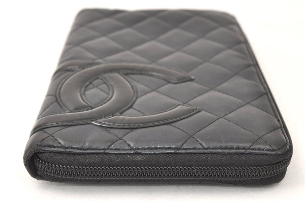 Authentic CHANEL Calf Skin Cambon Line CC Logo Zip Long Wallet Black 4448K