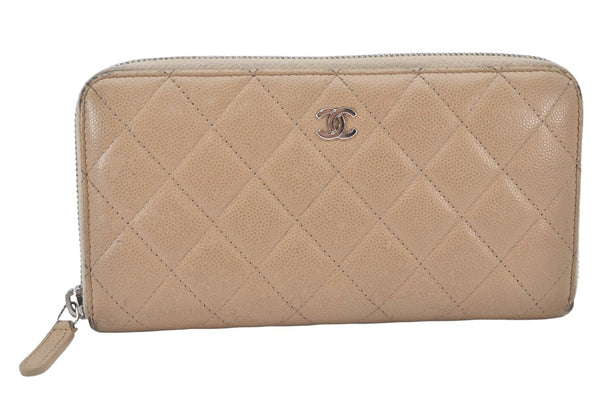 Authentic CHANEL Caviar Skin Matelasse Long Wallet Purse CC Logo Beige 4451K