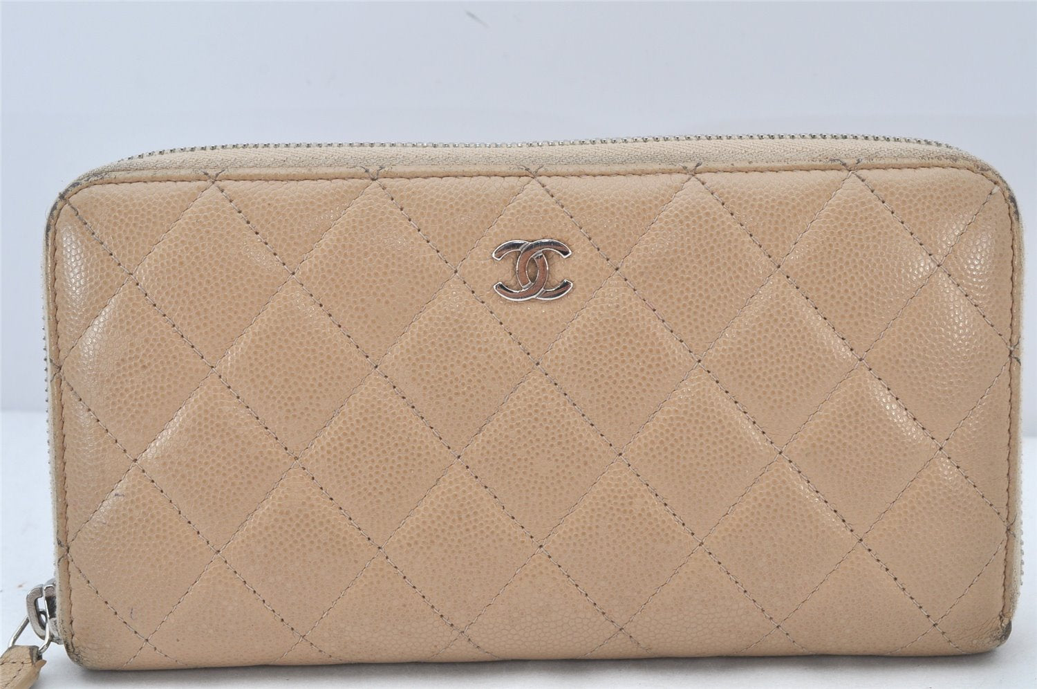 Authentic CHANEL Caviar Skin Matelasse Long Wallet Purse CC Logo Beige 4451K