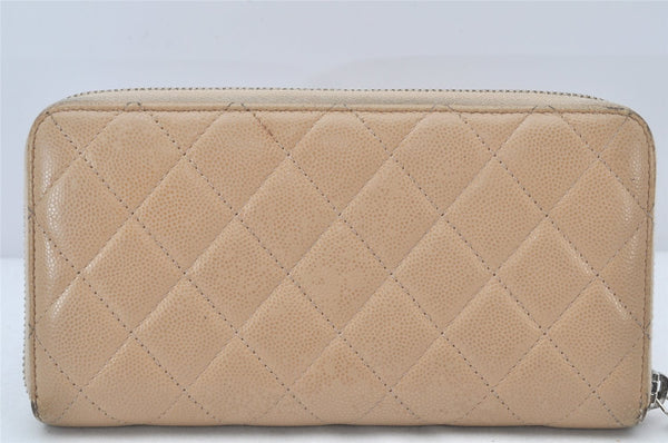 Authentic CHANEL Caviar Skin Matelasse Long Wallet Purse CC Logo Beige 4451K