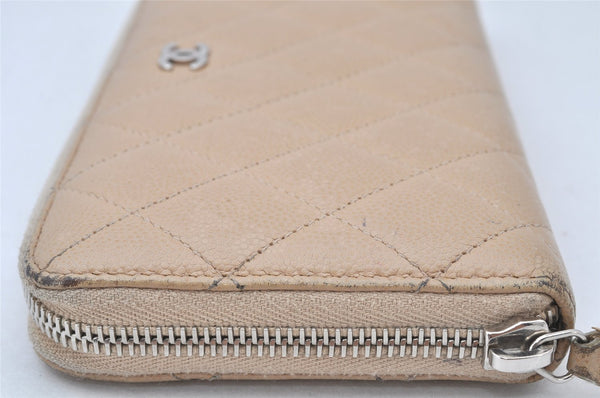 Authentic CHANEL Caviar Skin Matelasse Long Wallet Purse CC Logo Beige 4451K