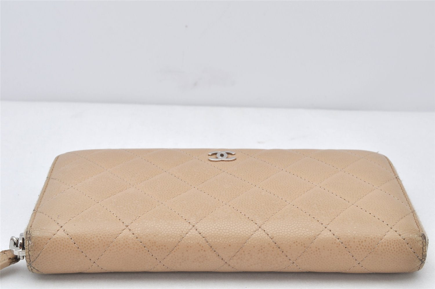 Authentic CHANEL Caviar Skin Matelasse Long Wallet Purse CC Logo Beige 4451K