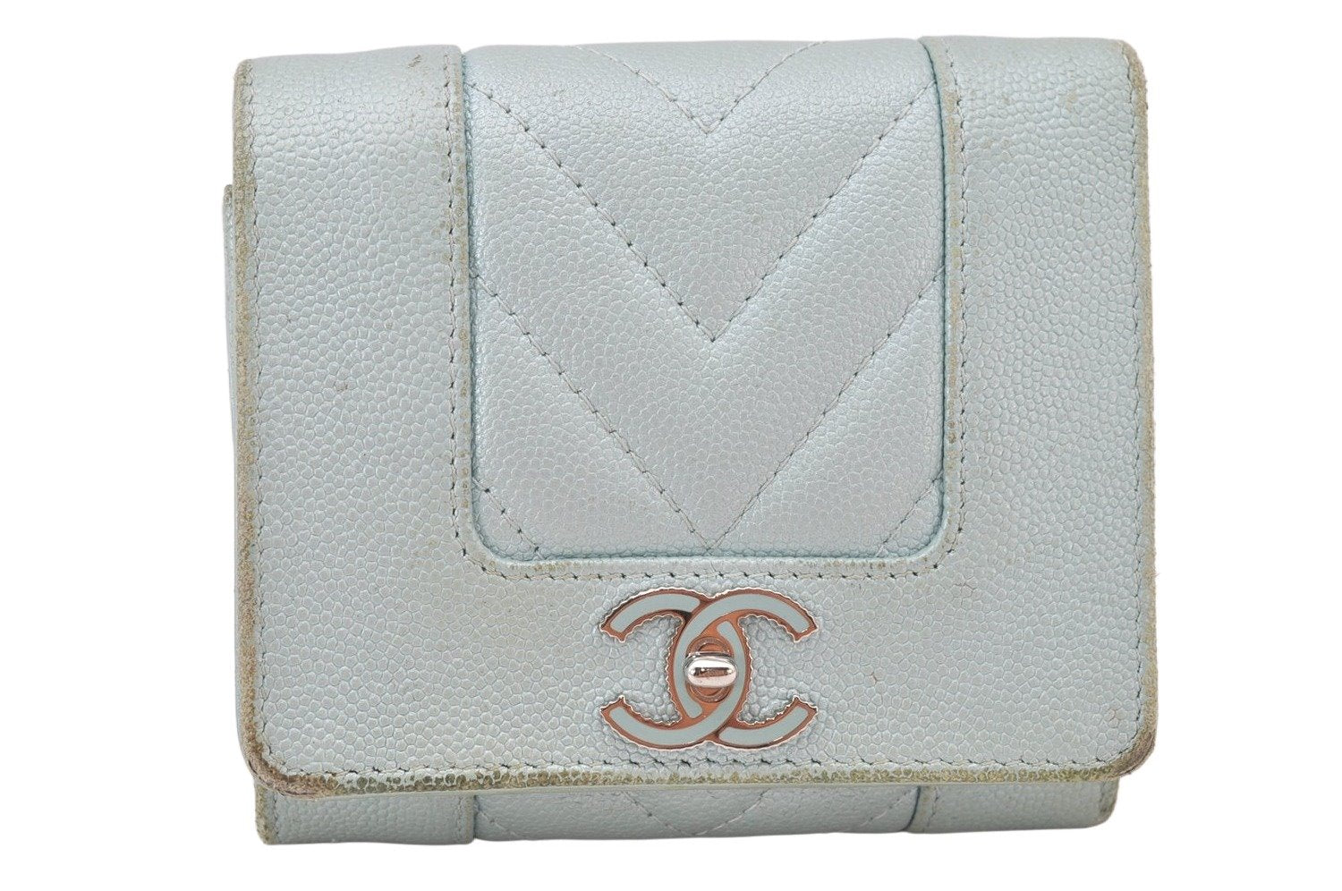 Authentic CHANEL Mademoiselle Caviar Skin Trifold Wallet Purse Light Blue 4452K