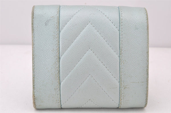 Authentic CHANEL Mademoiselle Caviar Skin Trifold Wallet Purse Light Blue 4452K