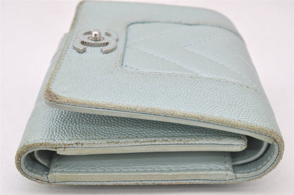 Authentic CHANEL Mademoiselle Caviar Skin Trifold Wallet Purse Light Blue 4452K