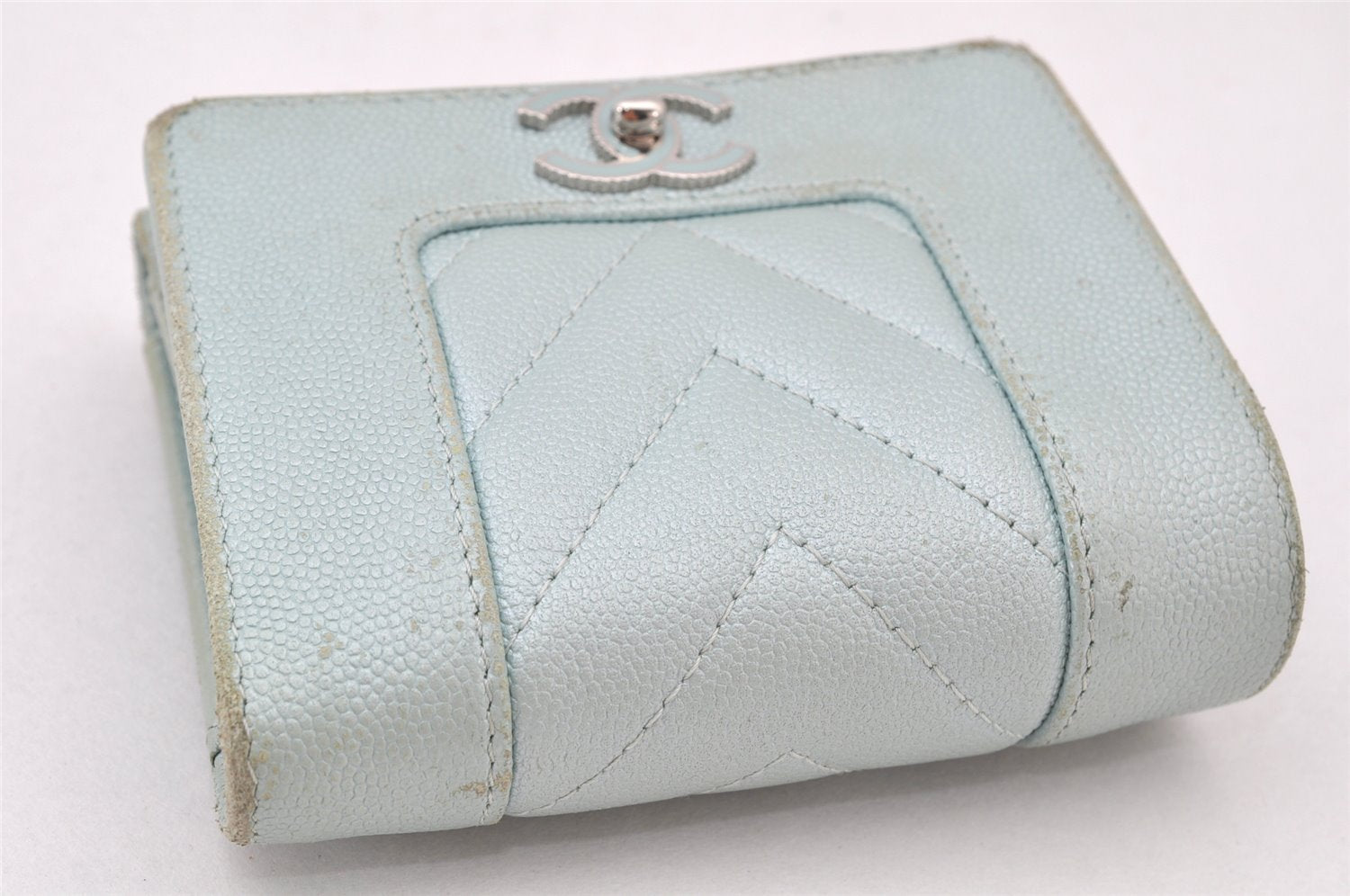 Authentic CHANEL Mademoiselle Caviar Skin Trifold Wallet Purse Light Blue 4452K