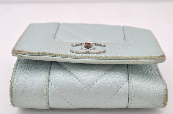 Authentic CHANEL Mademoiselle Caviar Skin Trifold Wallet Purse Light Blue 4452K