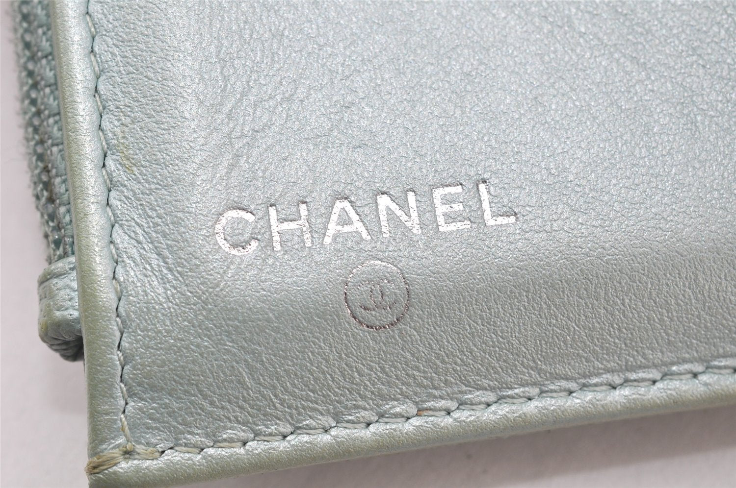 Authentic CHANEL Mademoiselle Caviar Skin Trifold Wallet Purse Light Blue 4452K