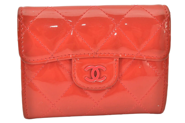 Authentic CHANEL Enamel Matelasse Card Case Purse CC Logo Red 4453K