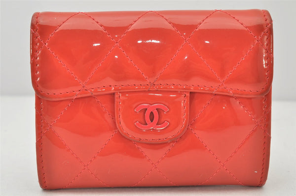 Authentic CHANEL Enamel Matelasse Card Case Purse CC Logo Red 4453K