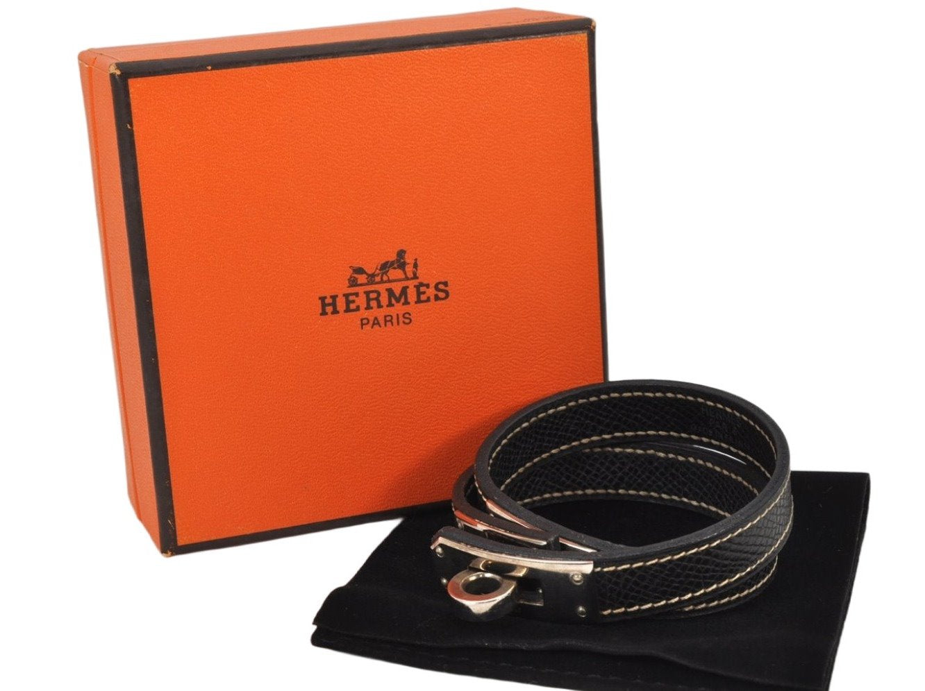 Authentic HERMES Bracelet Bangle Kelly Double Tours Leather Black Box 4454K