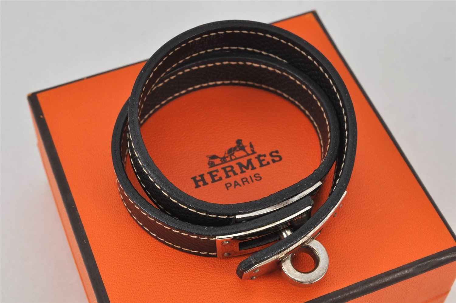 Authentic HERMES Bracelet Bangle Kelly Double Tours Leather Black Box 4454K